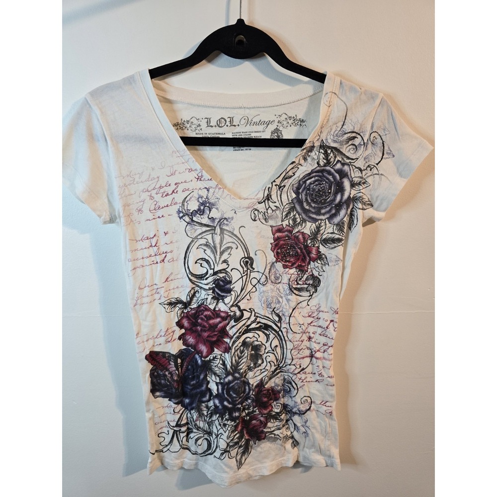 L.O.L Vintage Y2K Graphic Baby Tee Size Small Rose Tattoo Script Rhinestone Top